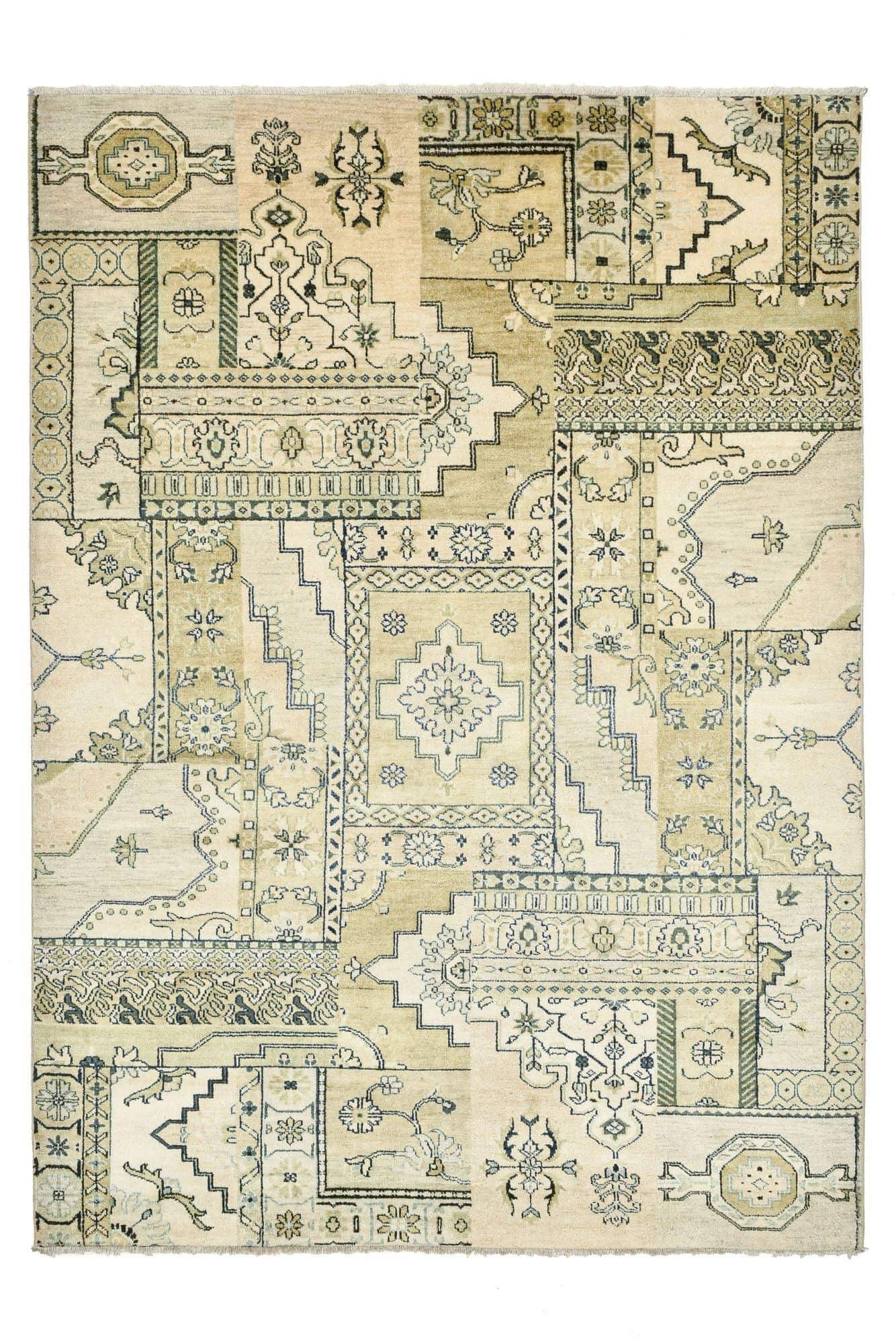 Patchwork Teppich PATCH Handgeknüpft beige-grün 170x240cm 