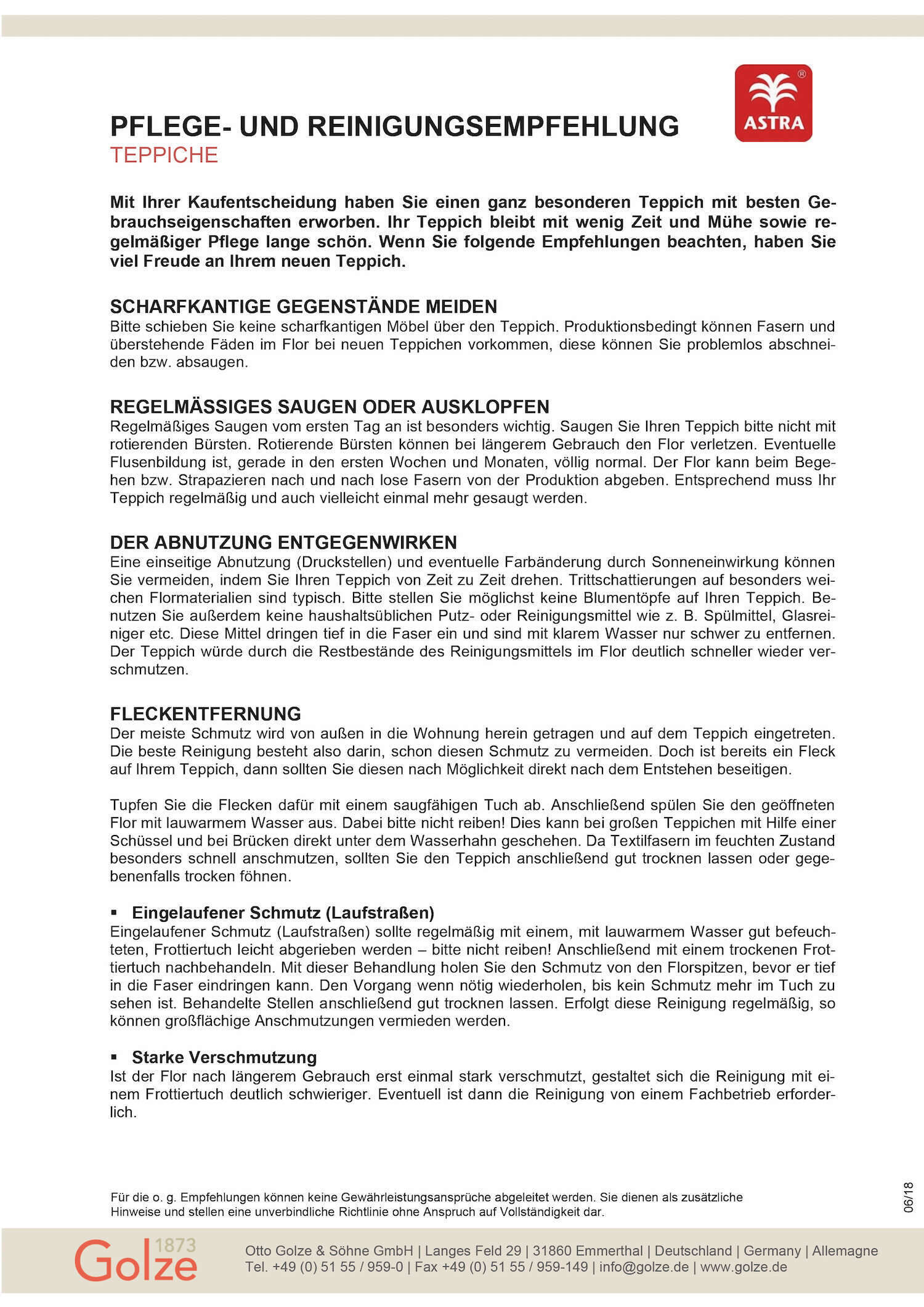 Pflege-und-Reinigungsempfehlung_ASTRA-Teppiche_20210119 Teppich Uni Salerno 6673 Kuschelteppich Einfarbig