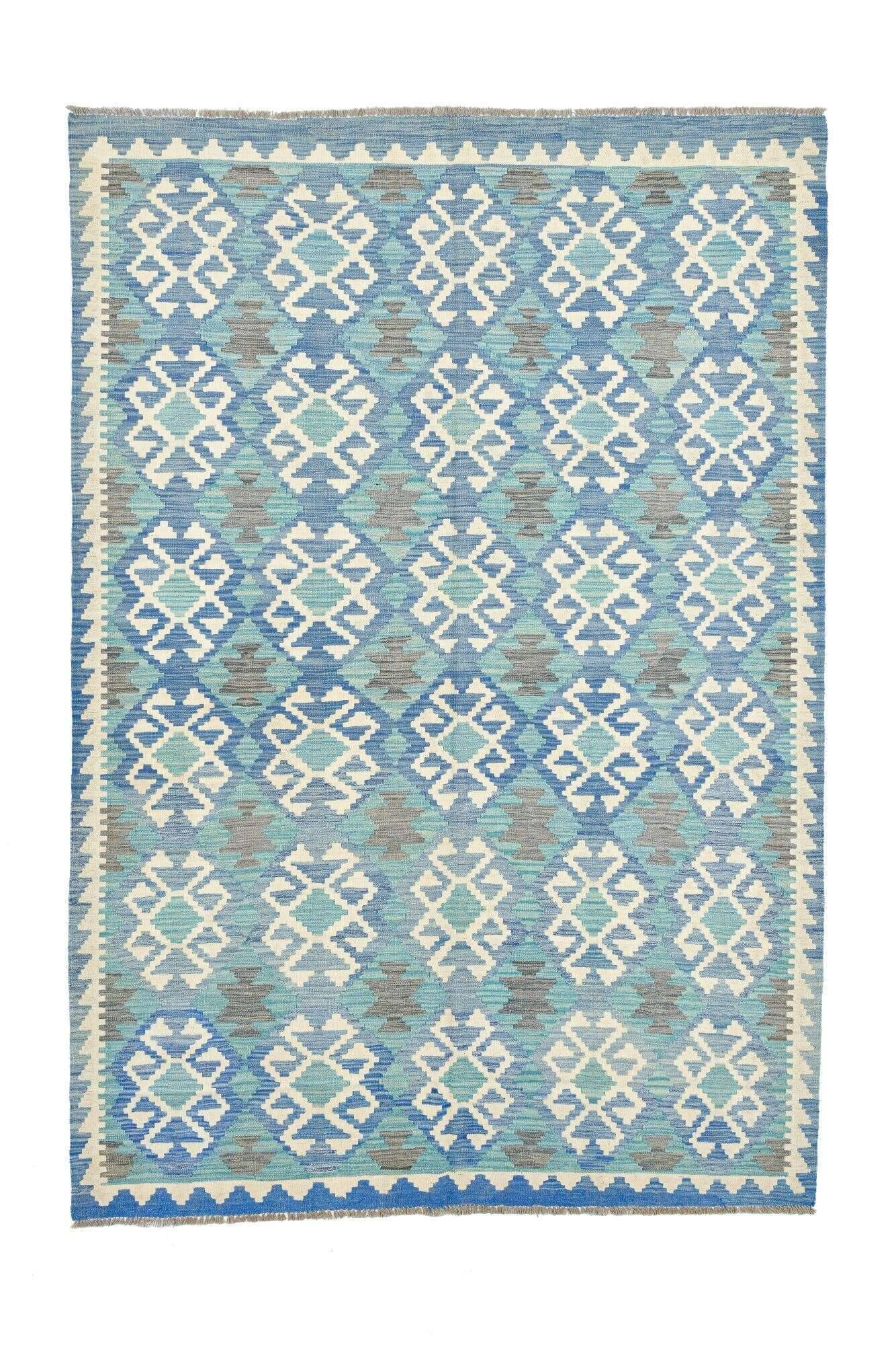 tablashah_3908_703blue-multi_434948_1 Handgewebter Kelim Teppich Tablashah Schurwolle bunt 207x302cm