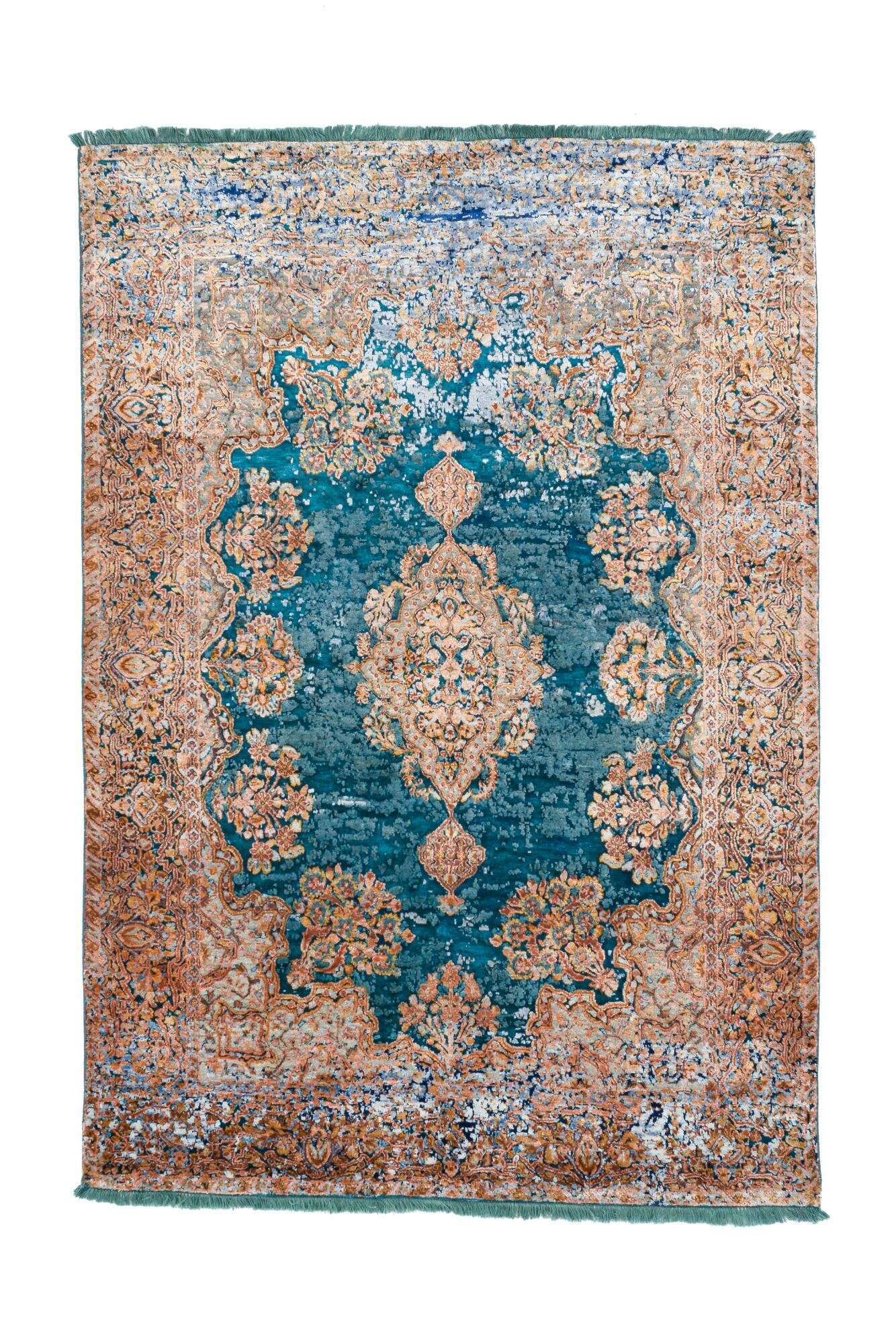 Design Teppich Sadra Handgeknüpft türkis bunt Medaillon 175x246 cm