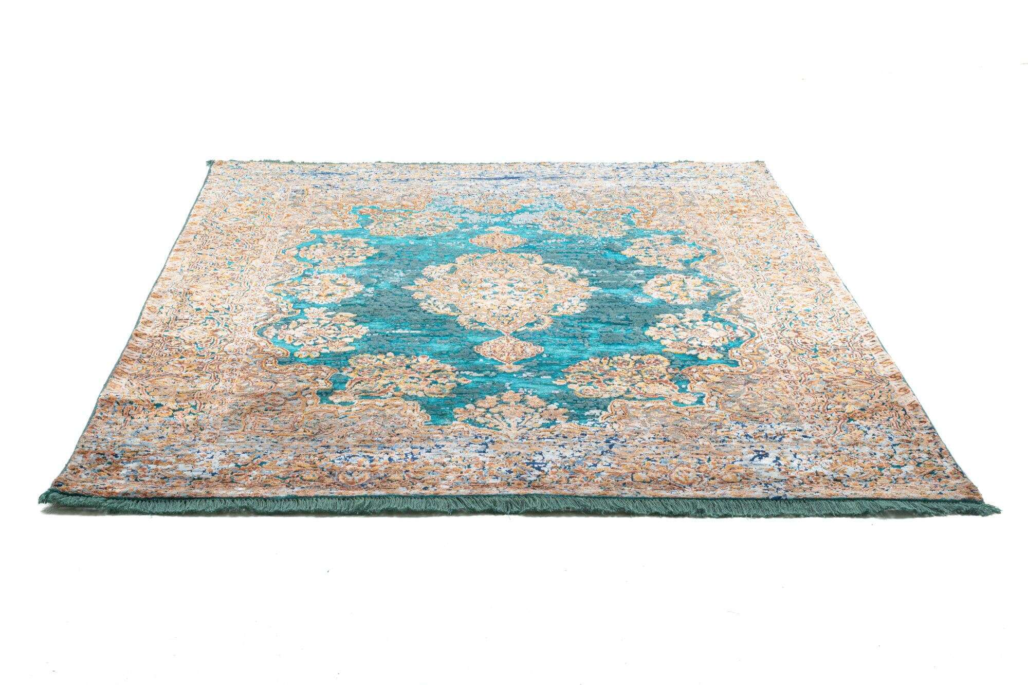 Design Teppich Sadra Handgeknüpft türkis bunt Medaillon 175x246 cm