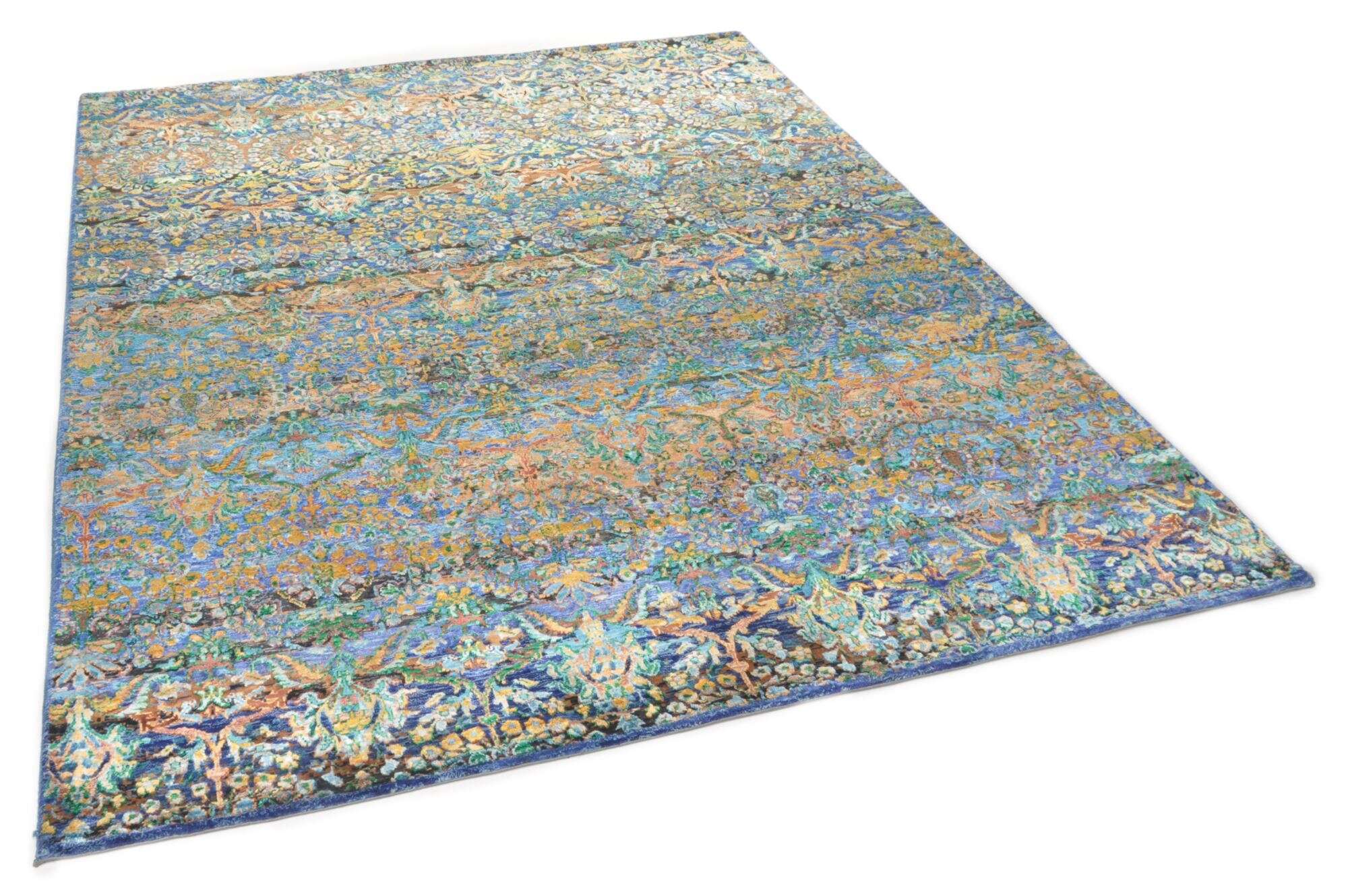 Design Teppich Sadra 170x240cm Handgeknüpft Bambusseide Wolle blau