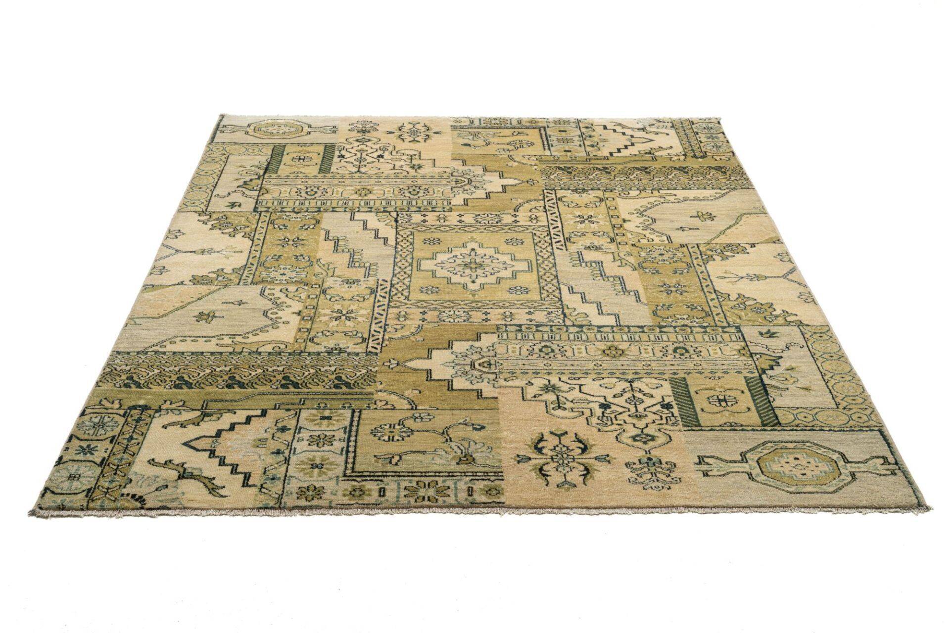 Patchwork Teppich PATCH Handgeknüpft beige-grün 170x240cm   – Bild 7