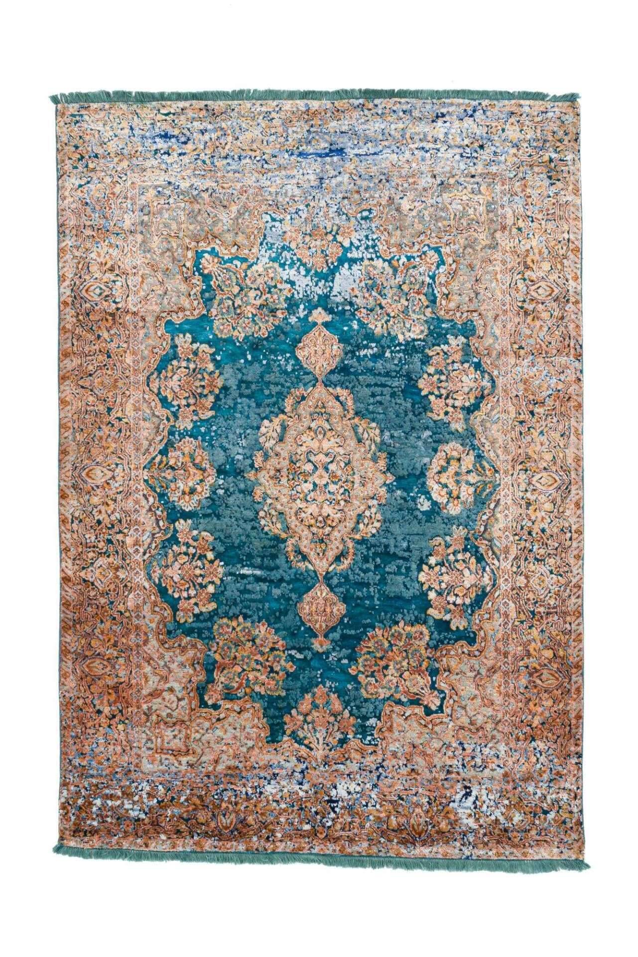 Design Teppich Sadra Handgeknüpft türkis bunt Medaillon 175x246 cm – Bild 1